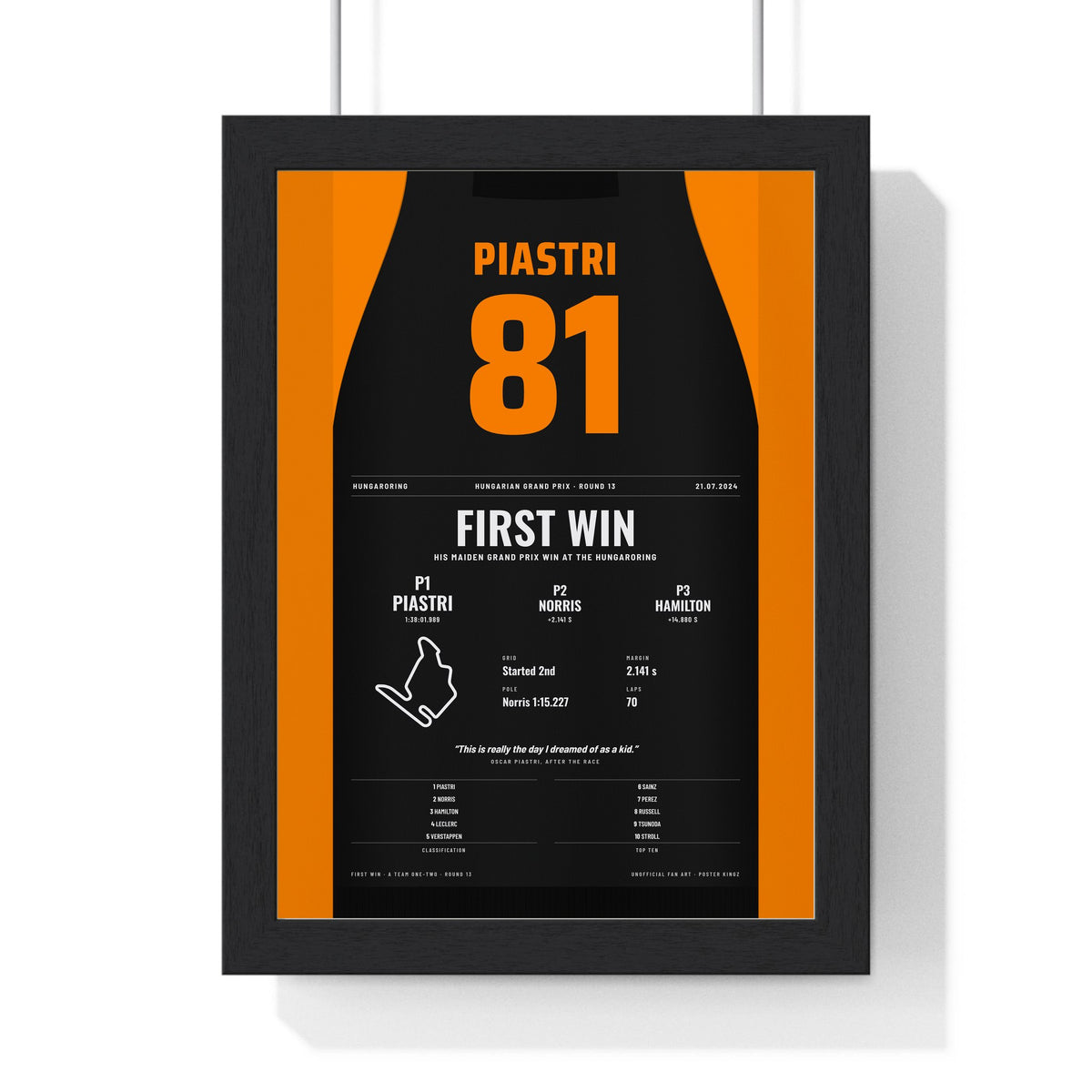 Oscar Piastri 2024 Hungarian Grand Prix Win Poster - 81 Race Suit Print framed in a black frame, ready to hang