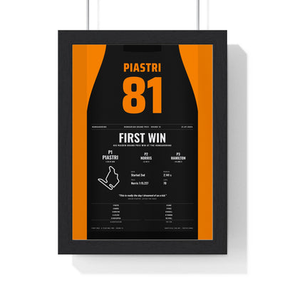 Oscar Piastri 2024 Hungarian Grand Prix Win Poster - 81 Race Suit Print framed in a black frame, ready to hang