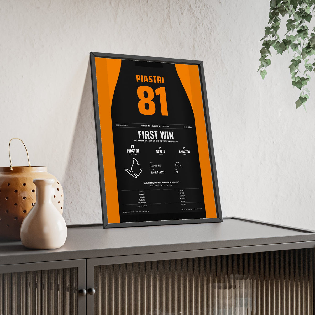 Oscar Piastri 2024 Hungarian Grand Prix Win Poster - 81 Race Suit Print framed and leaning on a sideboard
