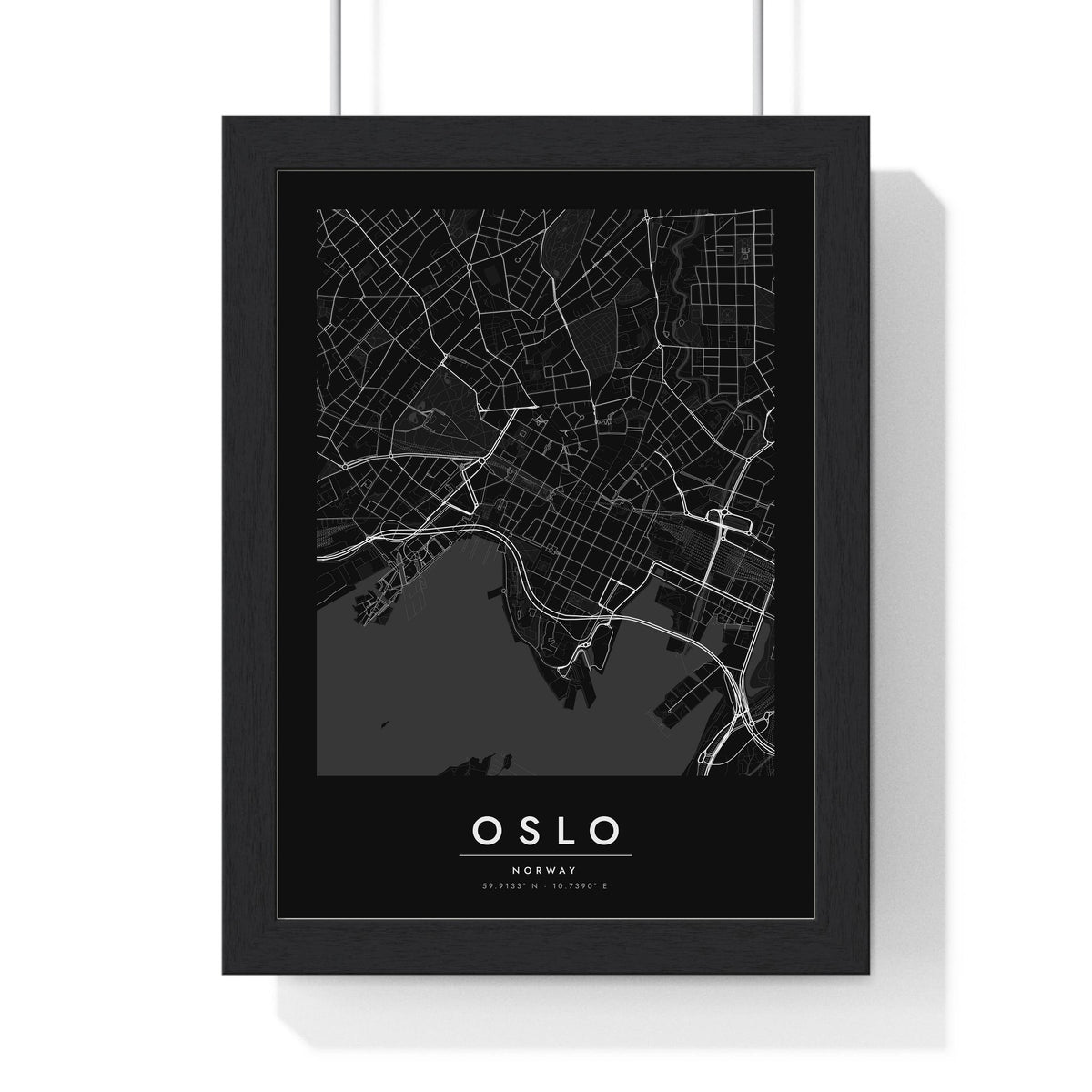 Oslo street map poster in black, minimal city map print framed in a black frame
