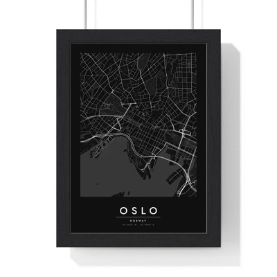 Oslo street map poster in black, minimal city map print framed in a black frame