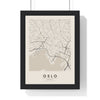 Oslo street map poster in cream, minimal city map print framed in a black frame