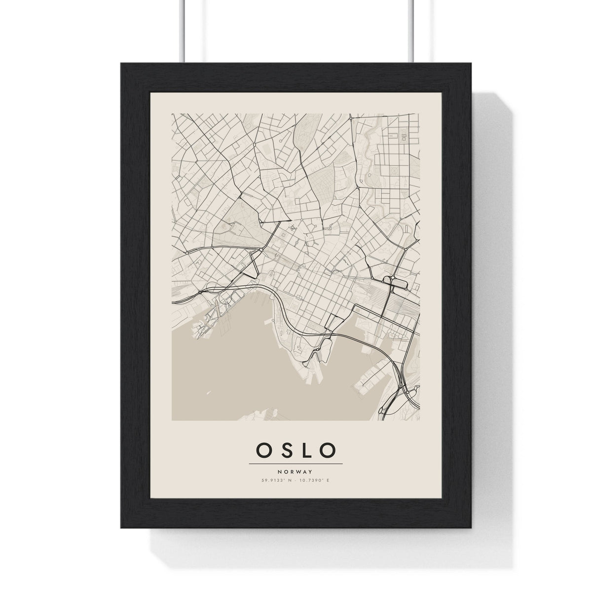 Oslo street map poster in cream, minimal city map print framed in a black frame