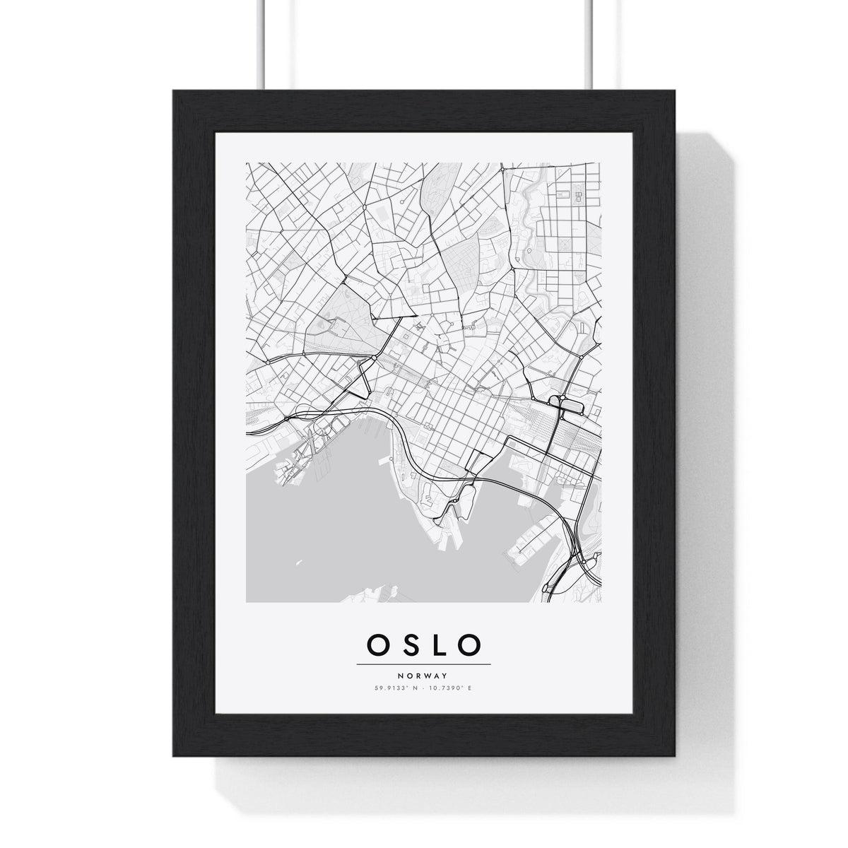 Oslo street map poster in white, minimal city map print framed in a black frame