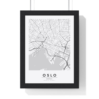 Oslo street map poster in white, minimal city map print framed in a black frame