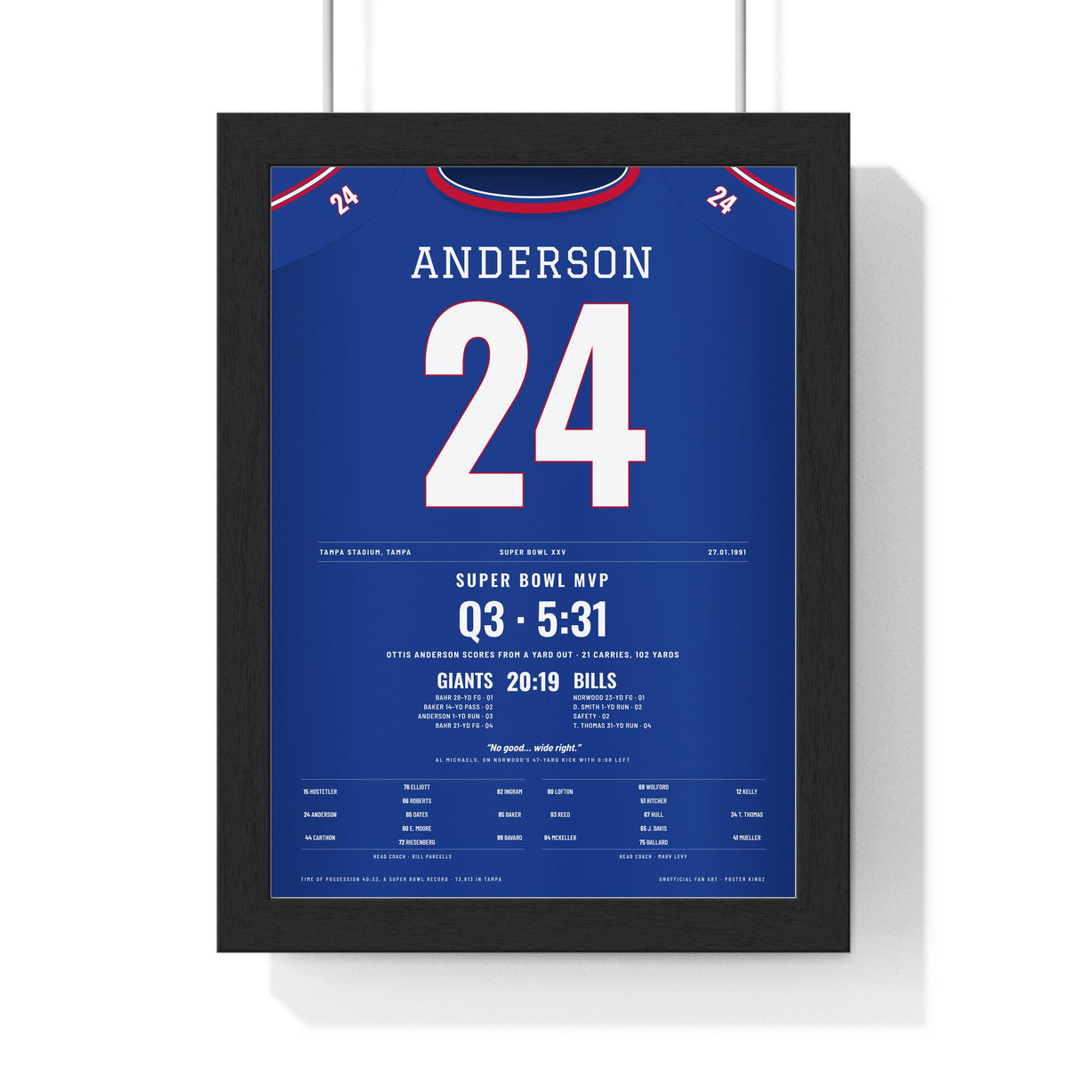 Ottis Anderson Super Bowl XXV MVP Poster - New York Giants 24 Jersey Print framed in a black frame, ready to hang