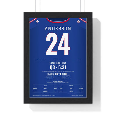 Ottis Anderson Super Bowl XXV MVP Poster - New York Giants 24 Jersey Print framed in a black frame, ready to hang