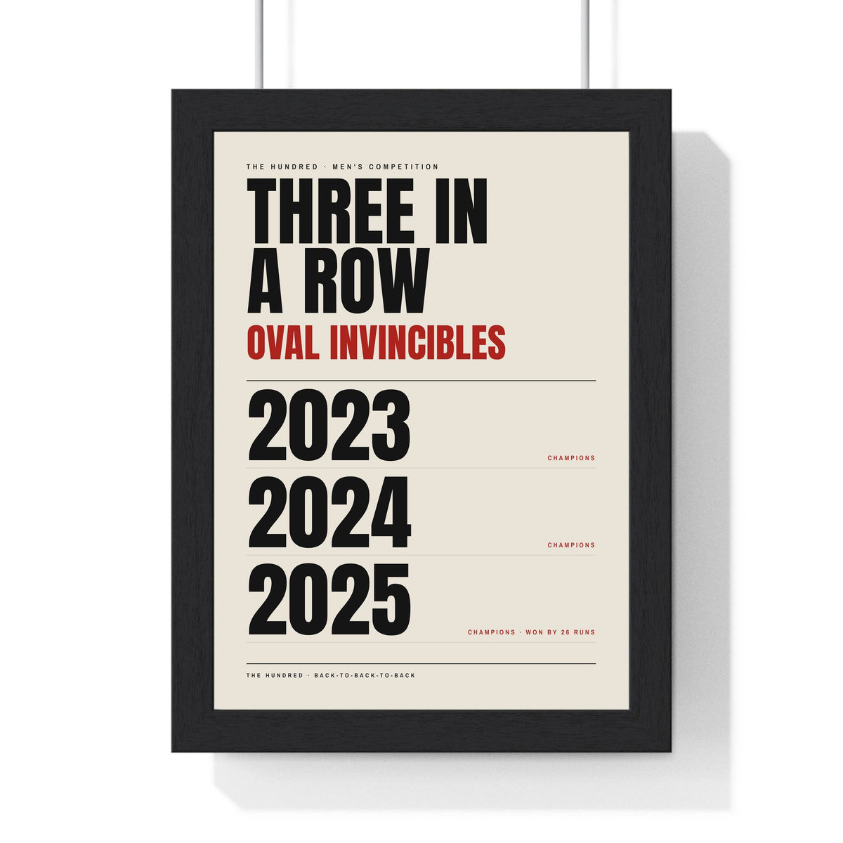 Oval Invincibles Hundred Champions 2023-2025 print framed in a black frame, ready to hang