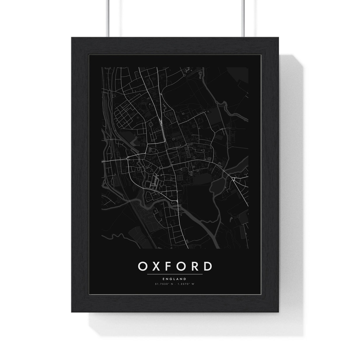Oxford street map poster in black, minimal city map print framed in a black frame