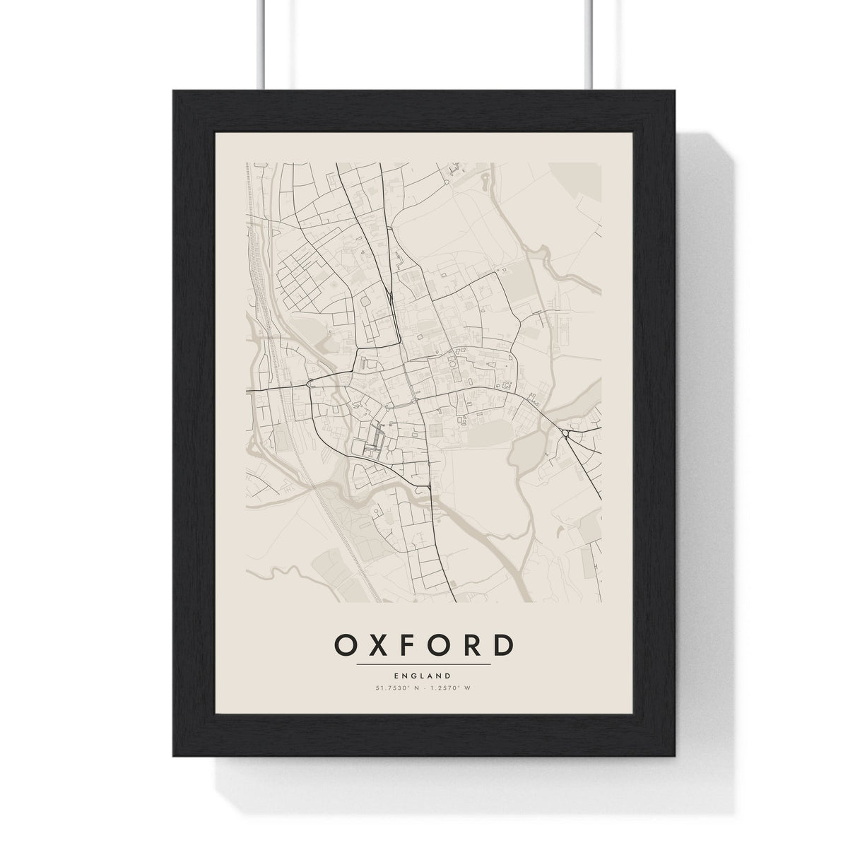 Oxford street map poster in cream, minimal city map print framed in a black frame
