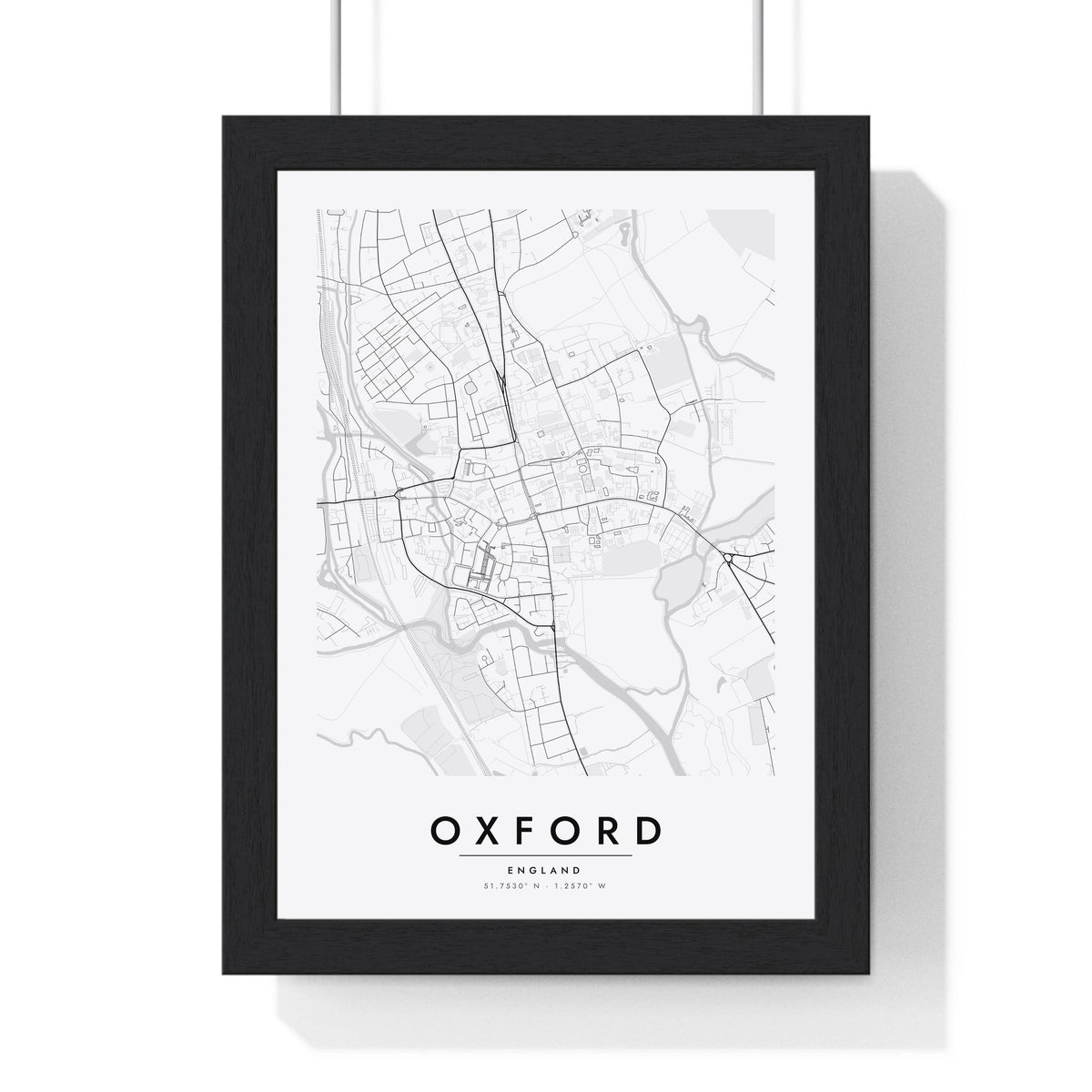 Oxford street map poster in white, minimal city map print framed in a black frame