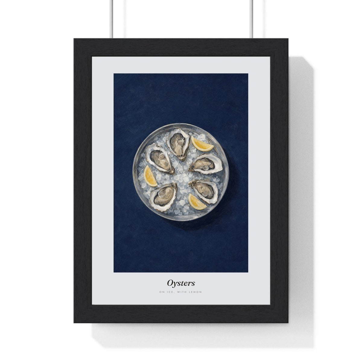 Oysters Print framed in a black frame, ready to hang