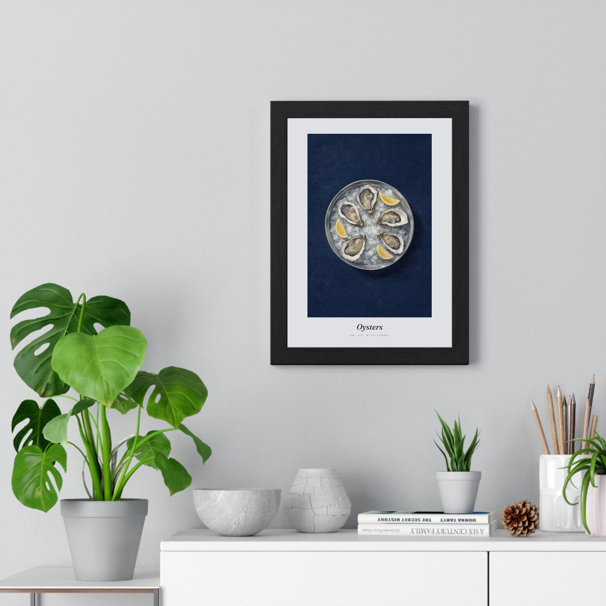 Oysters Print framed on a living room wall