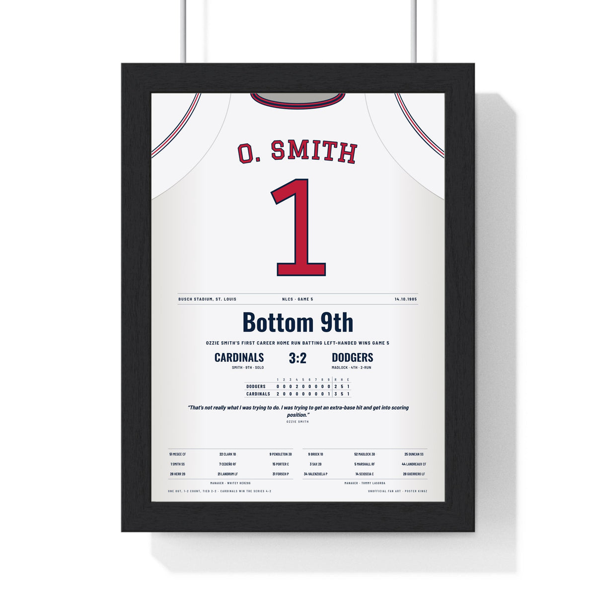 Ozzie Smith 1985 NLCS Walk-Off Home Run Poster - St. Louis Cardinals 1 Jersey Print framed in a black frame, ready to hang