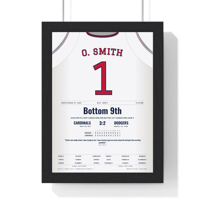 Ozzie Smith 1985 NLCS Walk-Off Home Run Poster - St. Louis Cardinals 1 Jersey Print framed in a black frame, ready to hang