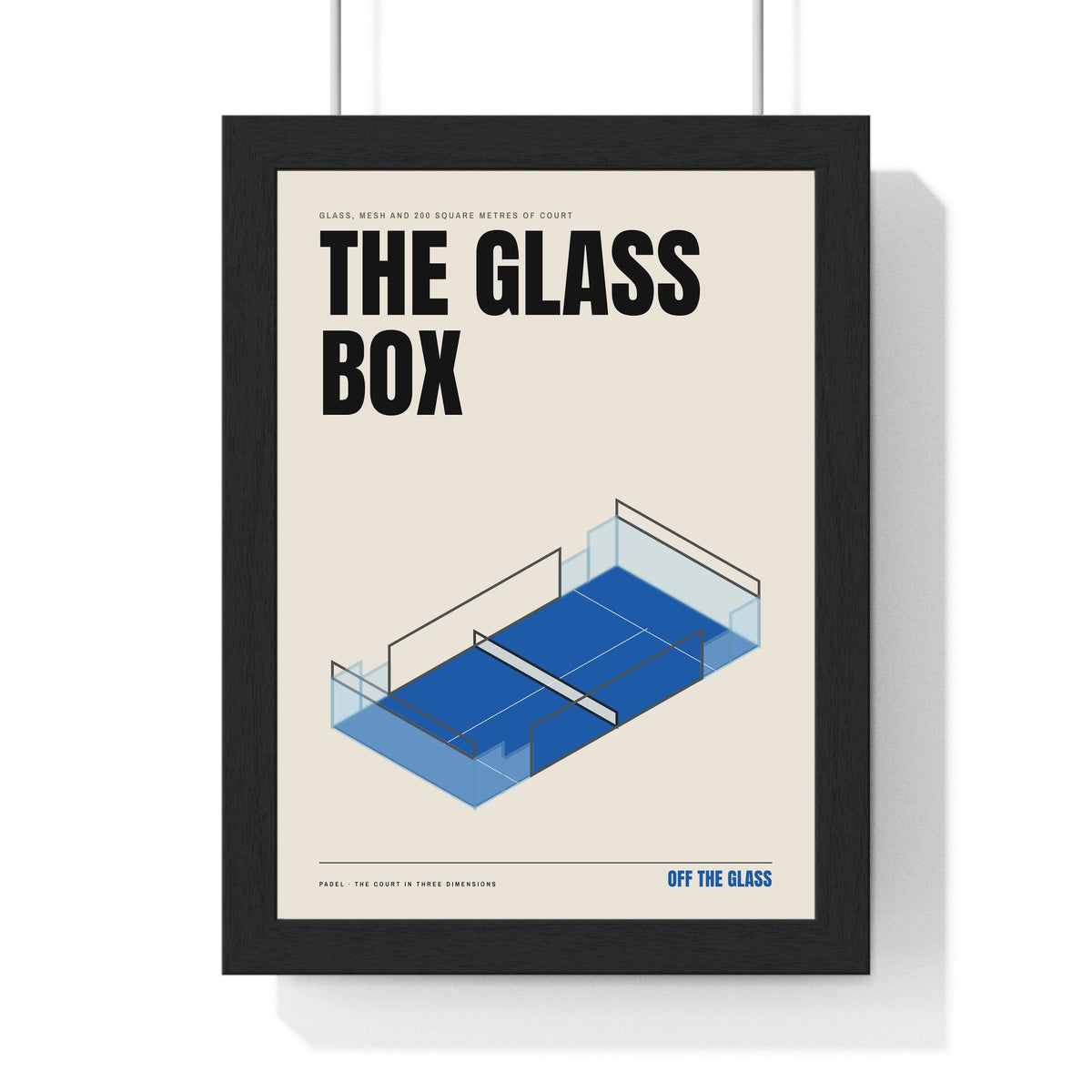 The Glass Box Padel print framed in a black frame, ready to hang