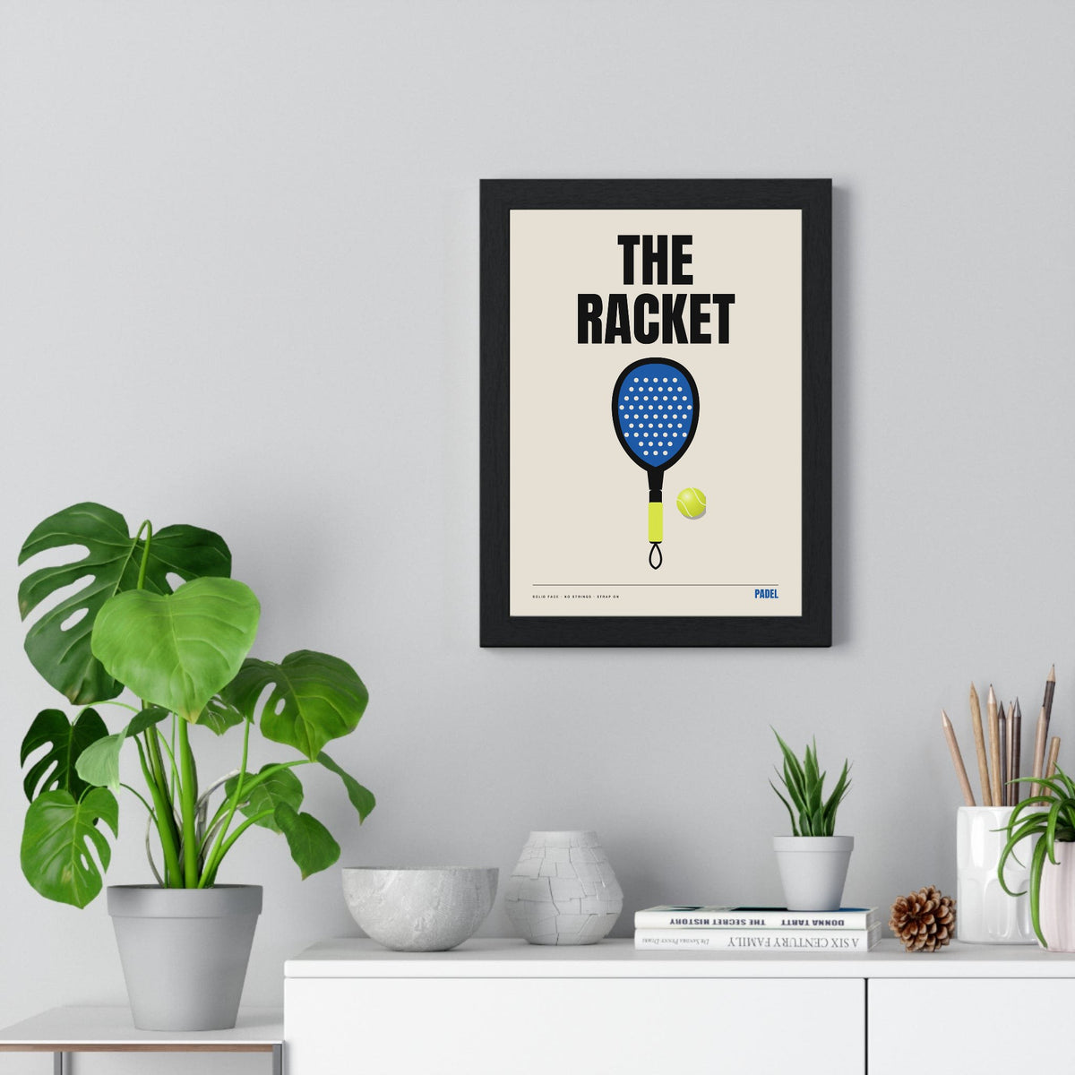 Padel Racket print framed on a living room wall