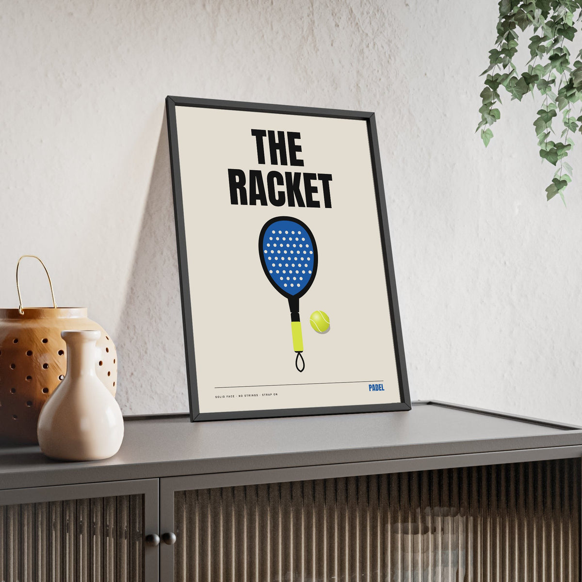 Padel Racket print framed and leaning on a sideboard