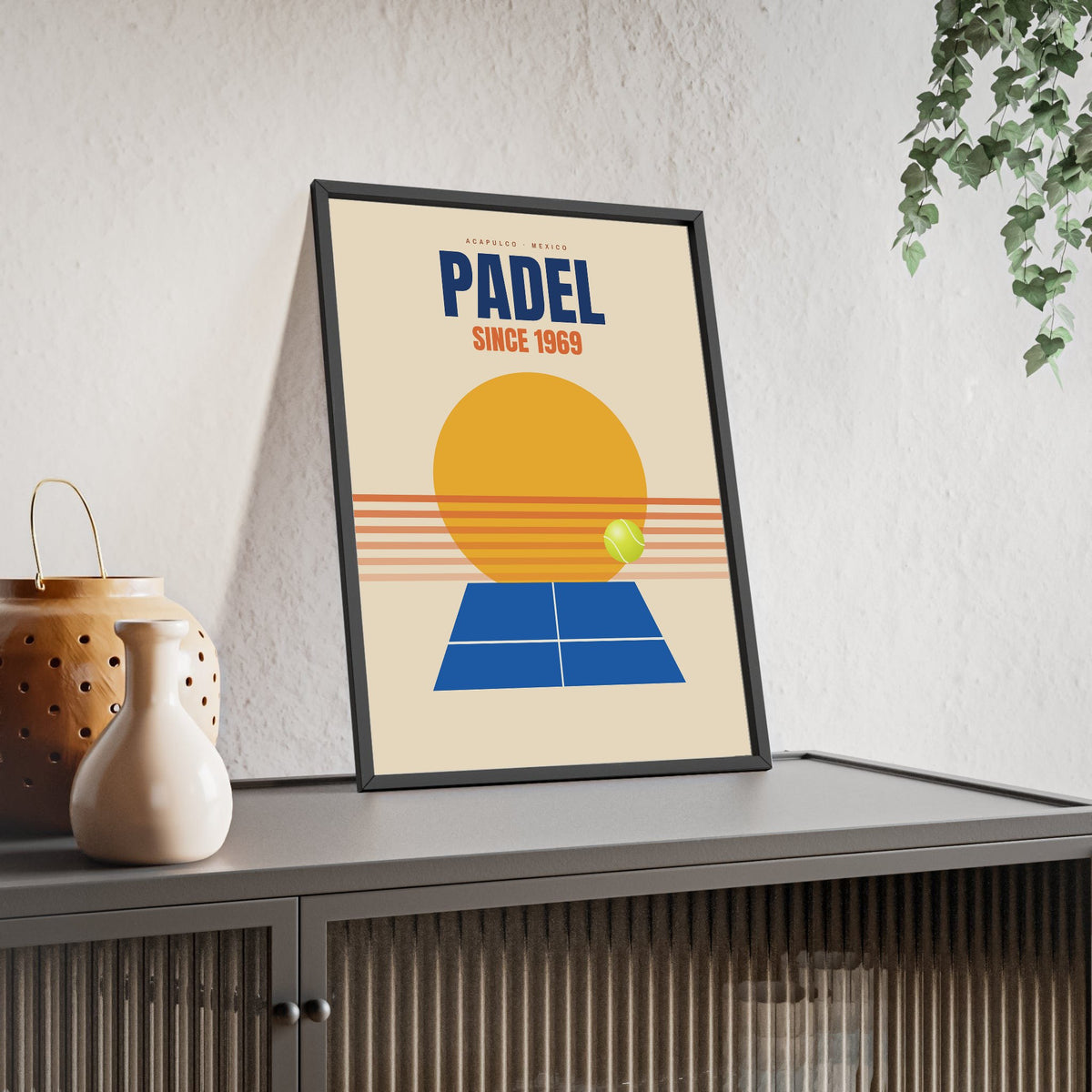 Padel Since 1969 Retro print framed and leaning on a sideboard