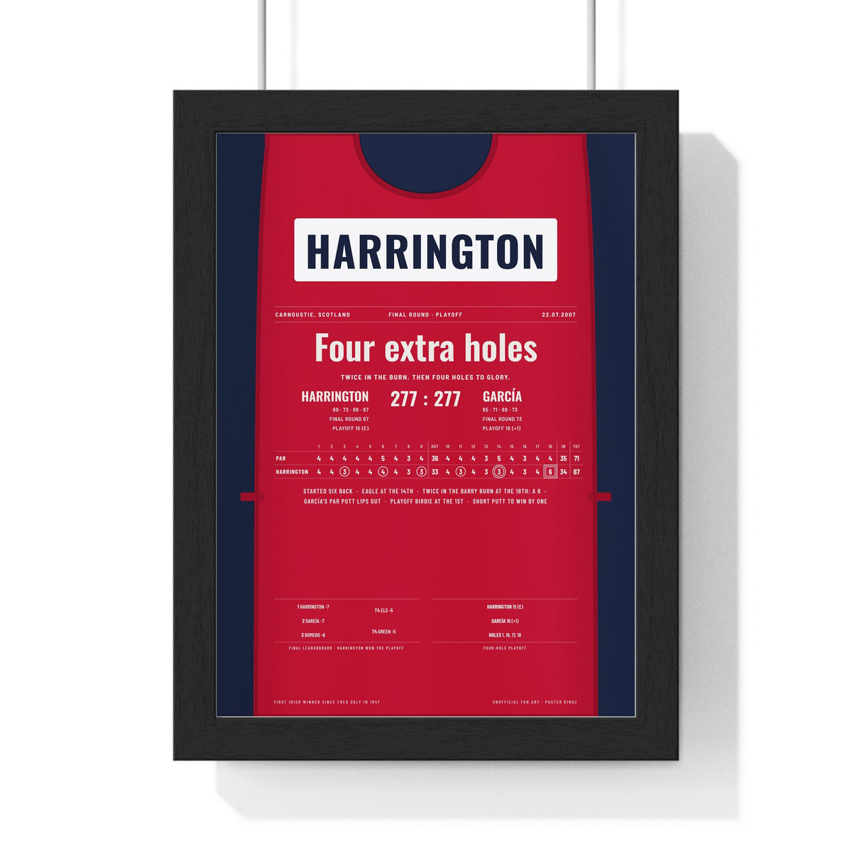 Padraig Harrington Carnoustie 2007 Golf Poster - Caddie Bib Playoff Win Print framed in a black frame, ready to hang