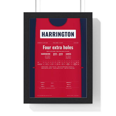 Padraig Harrington Carnoustie 2007 Golf Poster - Caddie Bib Playoff Win Print framed in a black frame, ready to hang
