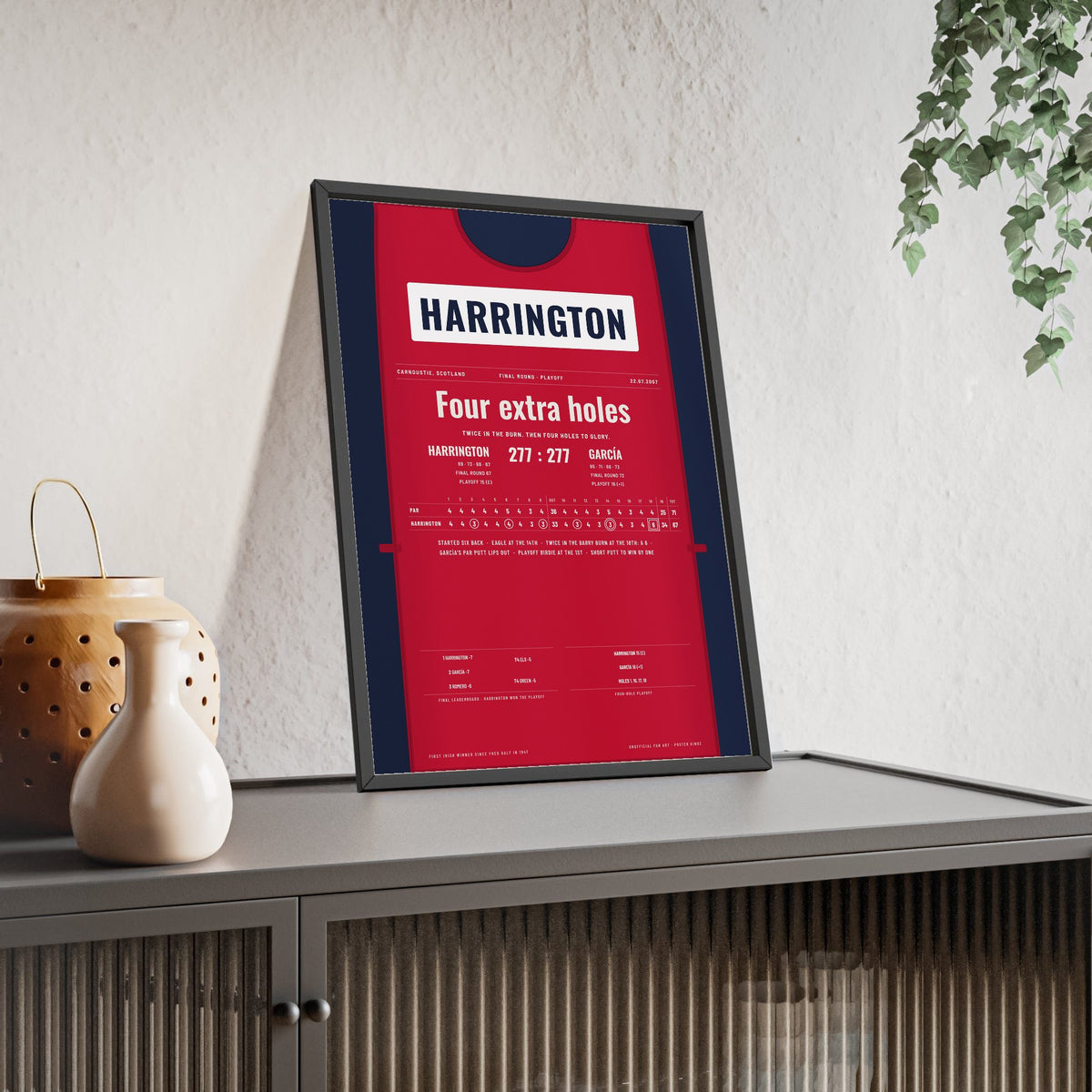 Padraig Harrington Carnoustie 2007 Golf Poster - Caddie Bib Playoff Win Print framed and leaning on a sideboard
