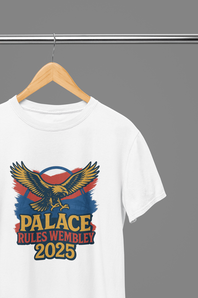 White t-shirt with Palace Rules Wembley 2025 or Sweatshirt - Bold Eagle Fan Design