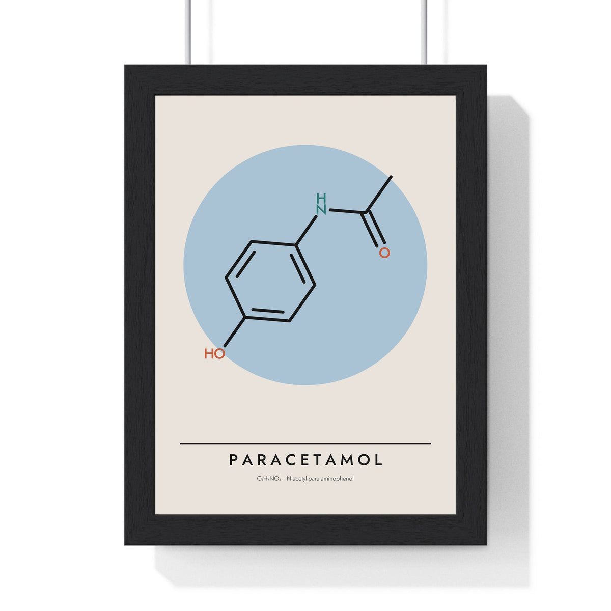 Paracetamol Molecule print framed in a black frame, ready to hang