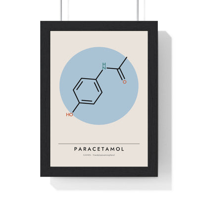 Paracetamol Molecule print framed in a black frame, ready to hang