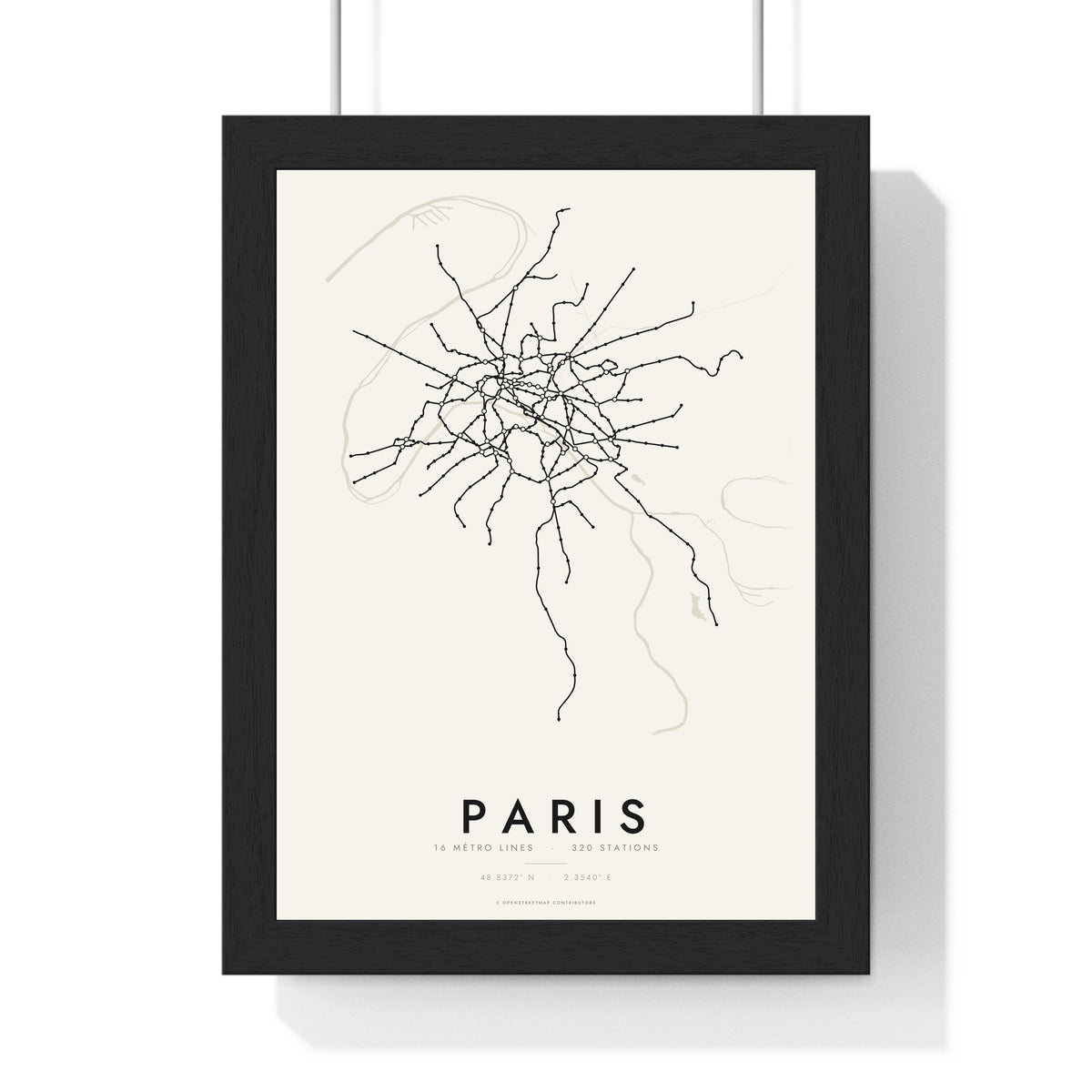 Paris Metro Map Print - framed minimal Paris metro lines map print, black lines on cream paper