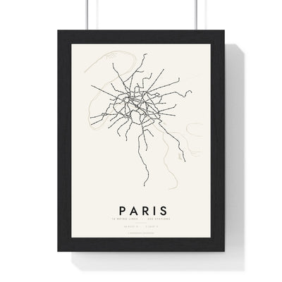 Paris Metro Map Print - framed minimal Paris metro lines map print, black lines on cream paper