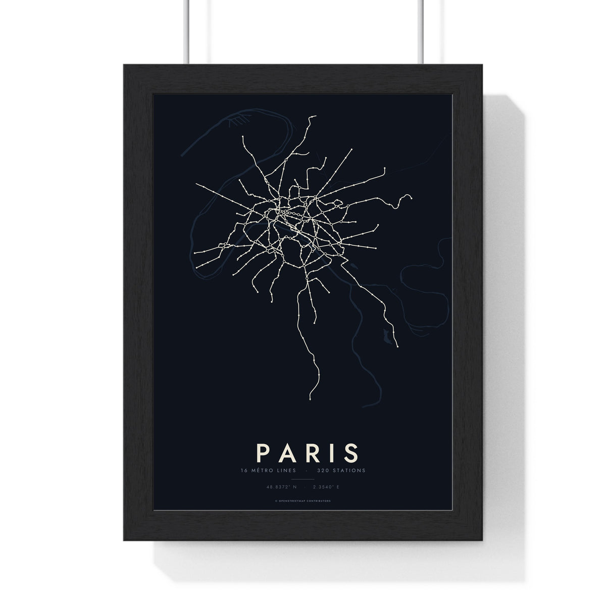 Paris Metro Map Print - framed night style Paris metro lines print