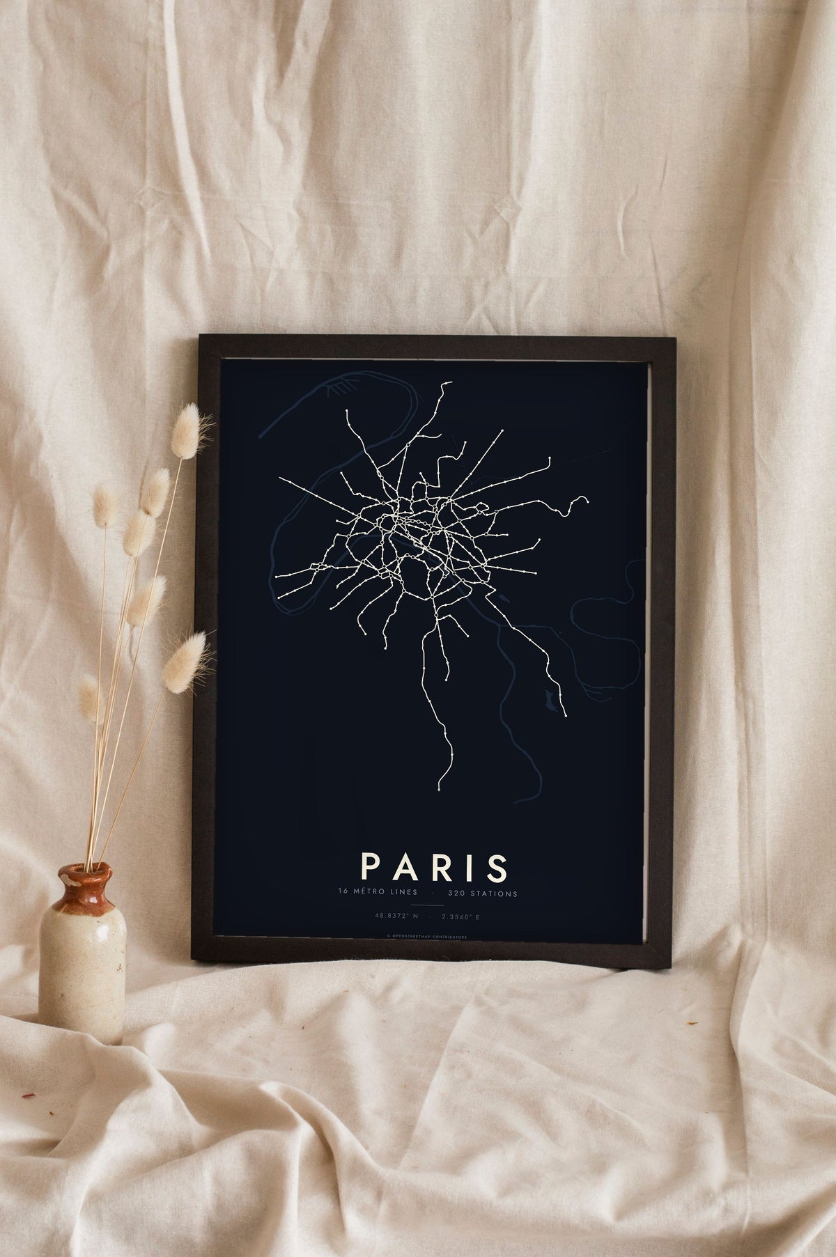 Paris Metro Map Print - night style Paris metro map print, light lines on a dark ground