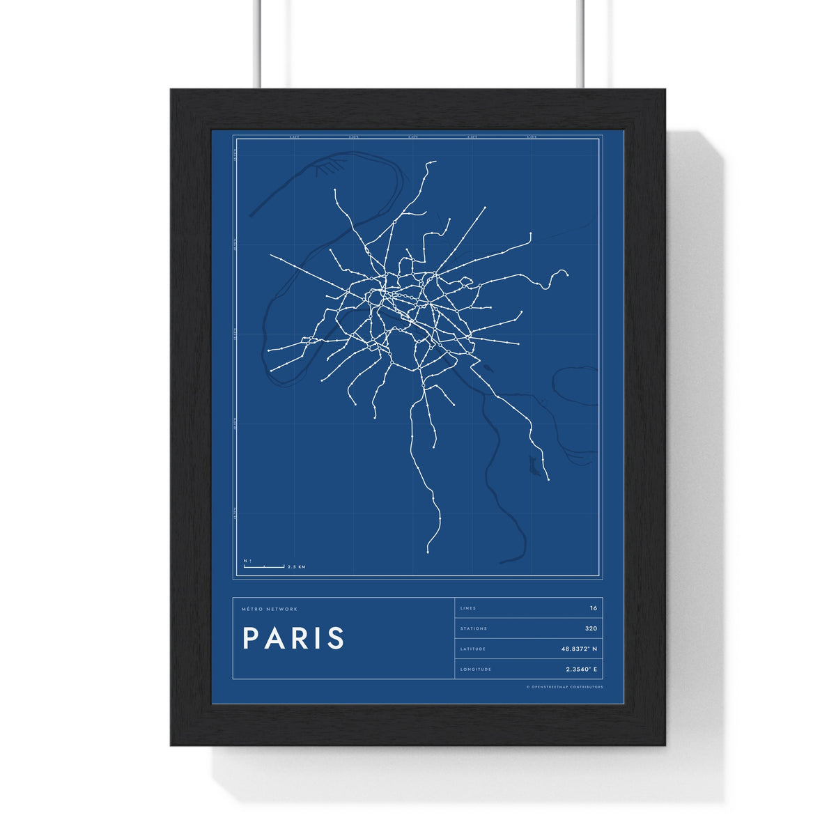 Paris Metro Map Print - framed blueprint style Paris metro map print with grid and scale bar