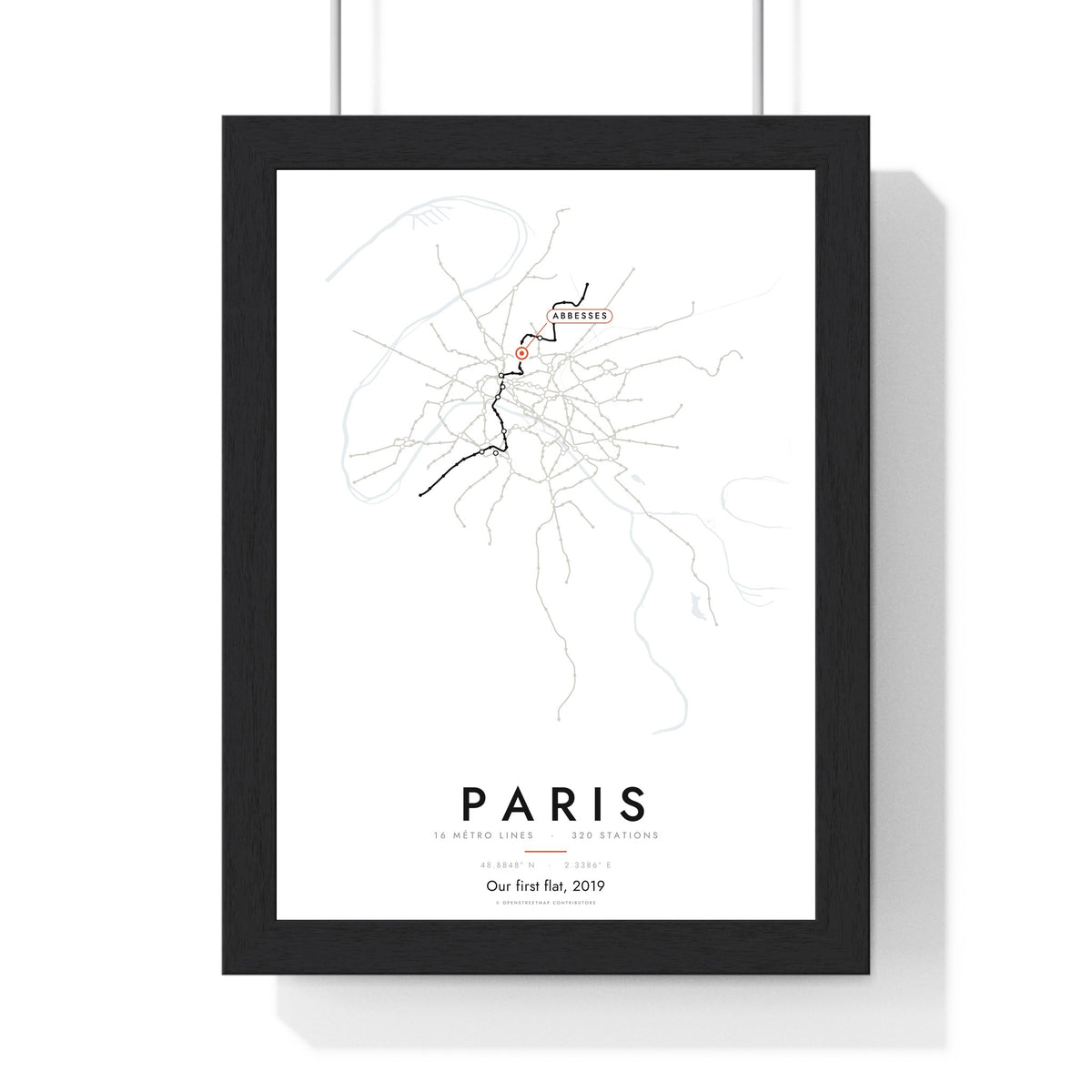 Paris Metro Map Print - framed Paris metro map print with a highlighted station and caption