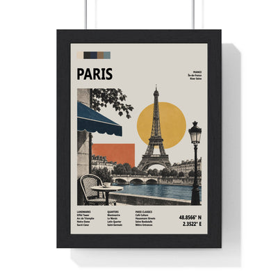 Paris Mid Century Travel print framed in a black frame, ready to hang