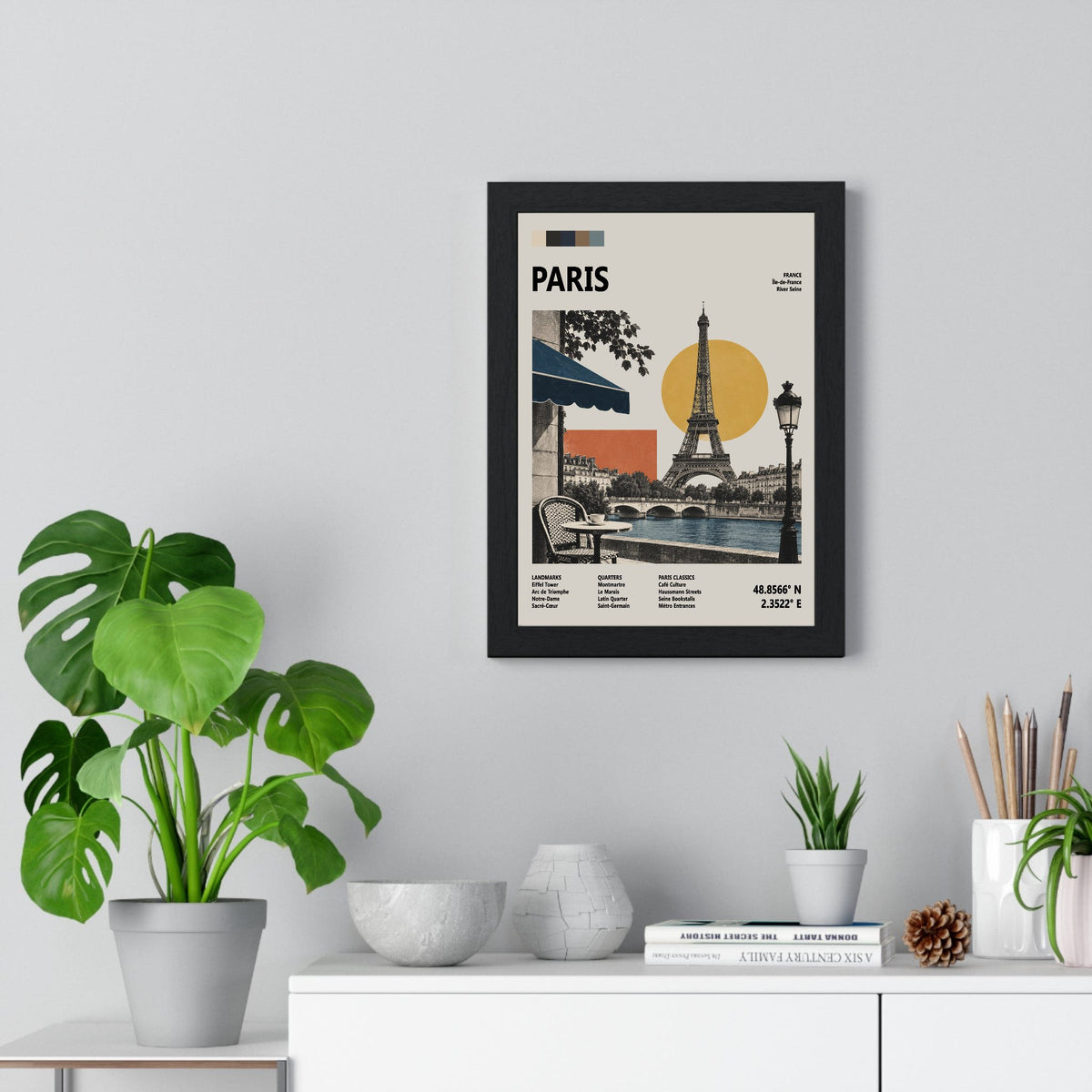 Paris Mid Century Travel print framed on a living room wall