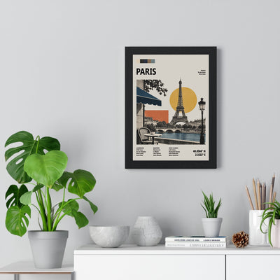 Paris Mid Century Travel print framed on a living room wall