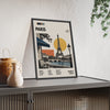 Paris Mid Century Travel print framed and leaning on a sideboard