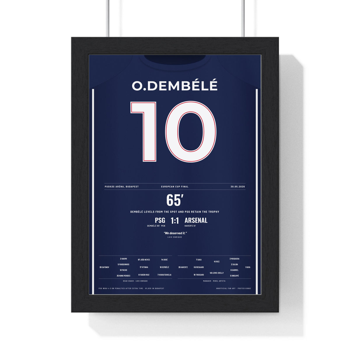 PSG Champions League Final 2026 Poster - Ousmane Dembélé 10 Shirt Print framed in a black frame, ready to hang