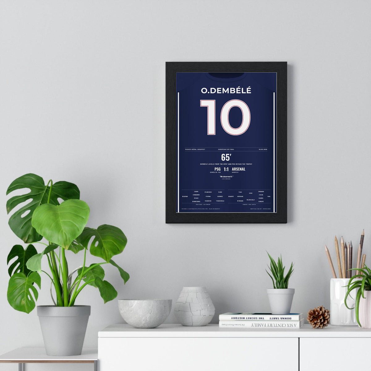 PSG Champions League Final 2026 Poster - Ousmane Dembélé 10 Shirt Print framed on a living room wall