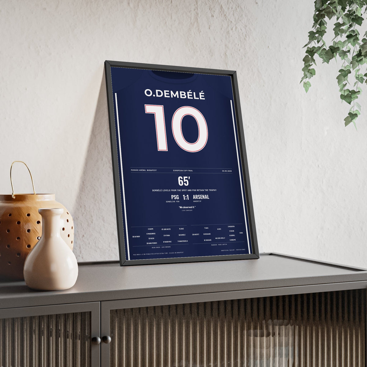 PSG Champions League Final 2026 Poster - Ousmane Dembélé 10 Shirt Print framed and leaning on a sideboard
