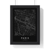 Paris street map poster in black, minimal city map print framed in a black frame