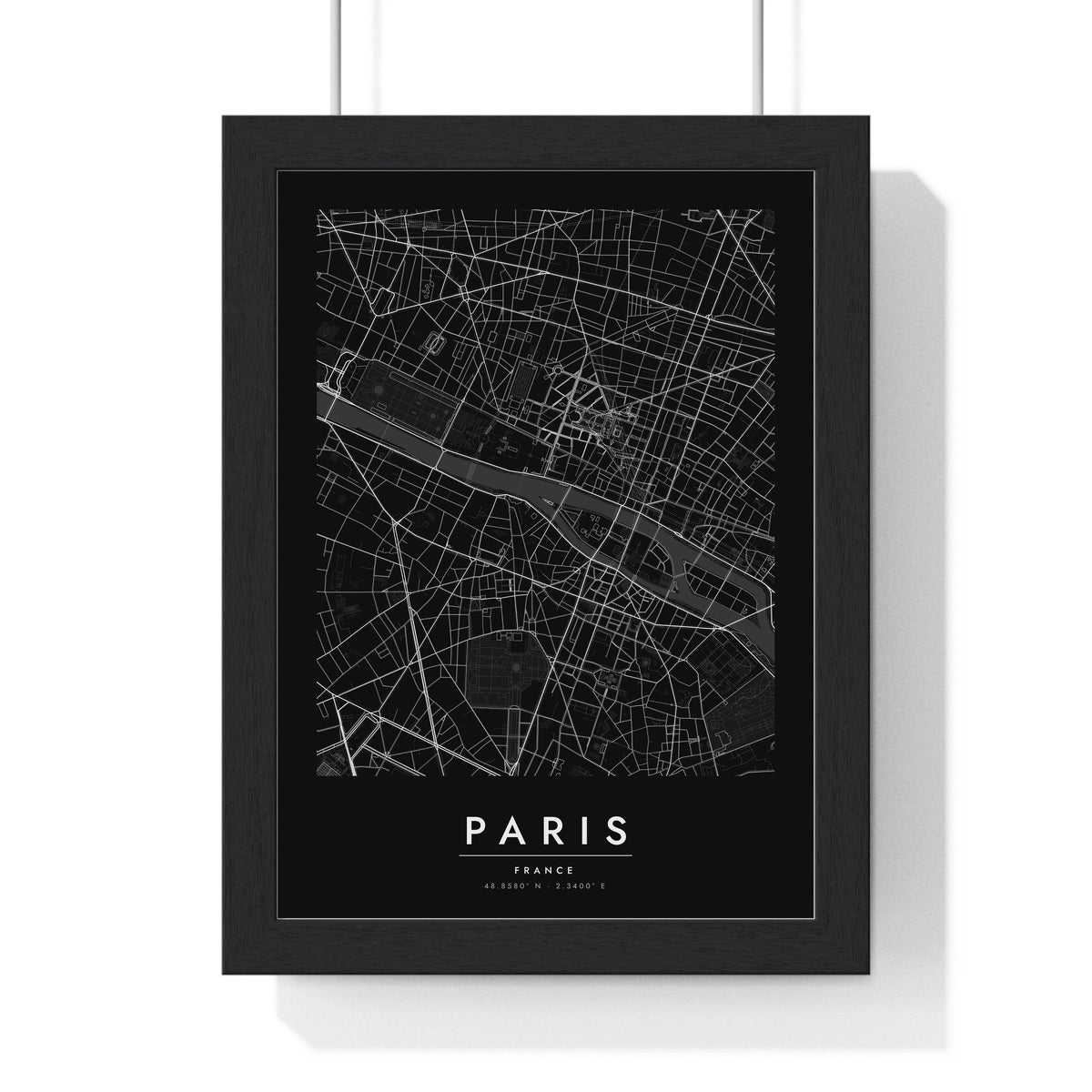 Paris street map poster in black, minimal city map print framed in a black frame