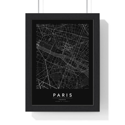 Paris street map poster in black, minimal city map print framed in a black frame