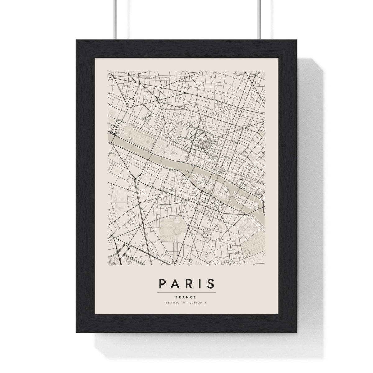 Paris street map poster in cream, minimal city map print framed in a black frame