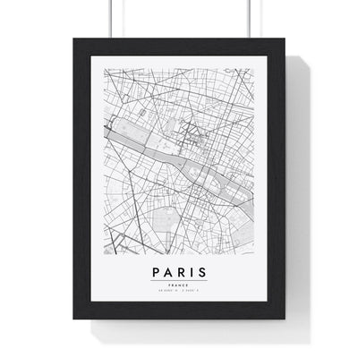 Paris street map poster in white, minimal city map print framed in a black frame
