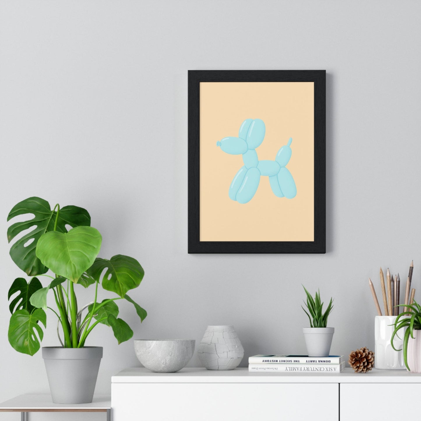 Framed Pastel Blue Balloon Dog Playful Bathroom Art print