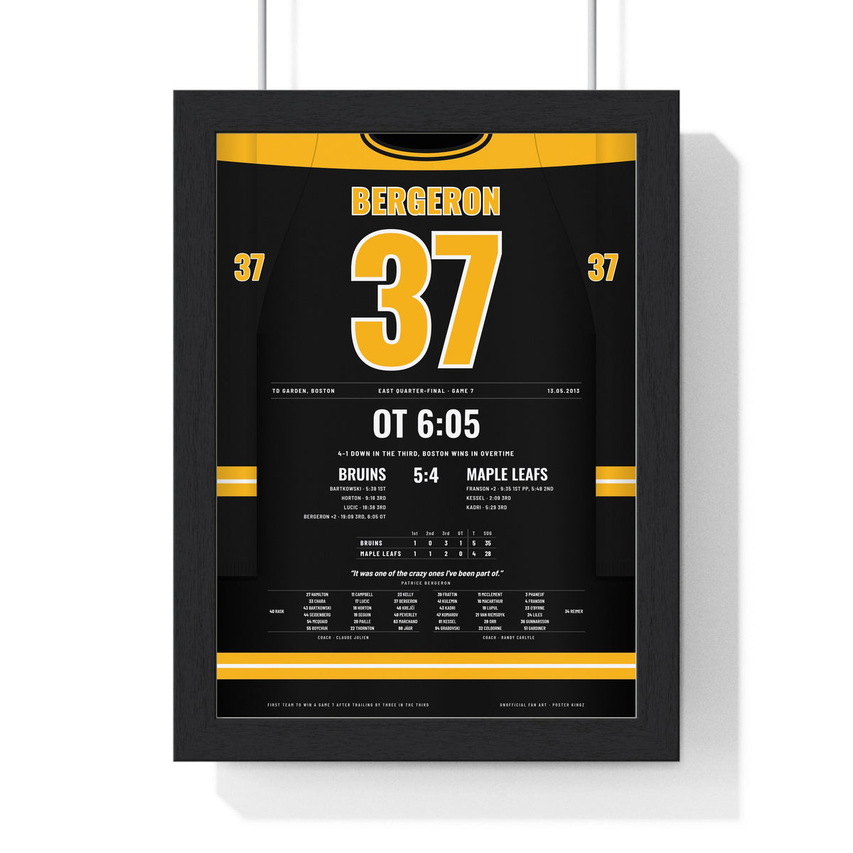 Patrice Bergeron 2013 Game 7 Overtime Winner Poster - Boston Bruins 37 Hockey Jersey Print framed in a black frame, ready to hang
