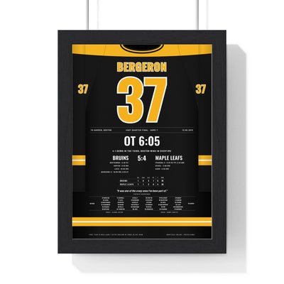 Patrice Bergeron 2013 Game 7 Overtime Winner Poster - Boston Bruins 37 Hockey Jersey Print framed in a black frame, ready to hang